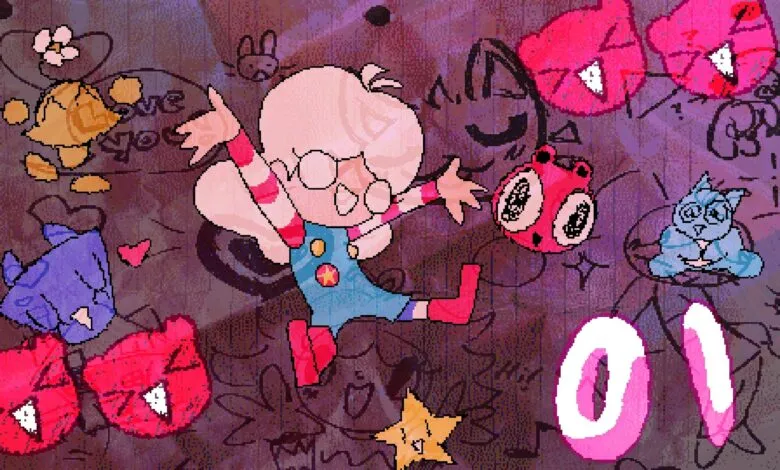 Pixel art of a girl with glasses surrounded by colorful creatures and doodles.