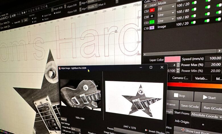 Laser engraving software showing design for 'Tom's Hard' with guitar image.
