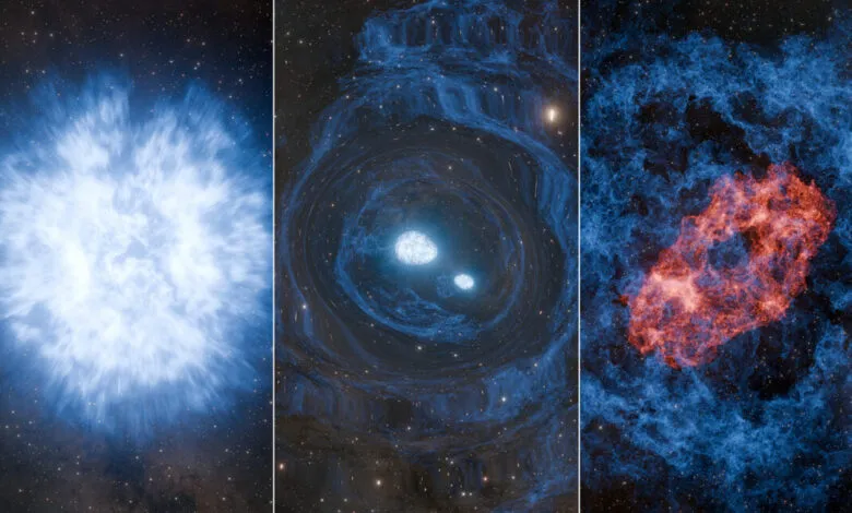 Three panels show a superkilonova explosion with blue and red nebulas.