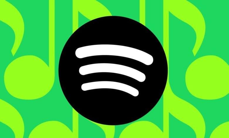 Spotify logo on a green background with musical notes.