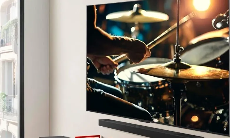 OLED TV displays drummer in a modern living room setting.