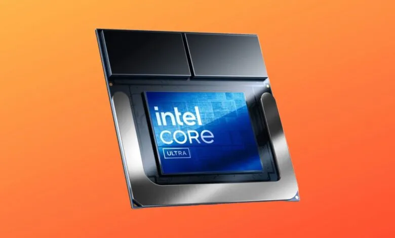Close-up of an Intel Core Ultra processor against an orange background.