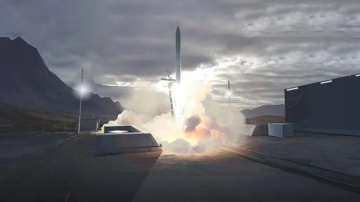 Rocket launching from a site with mountains and a cloudy sky in the background.