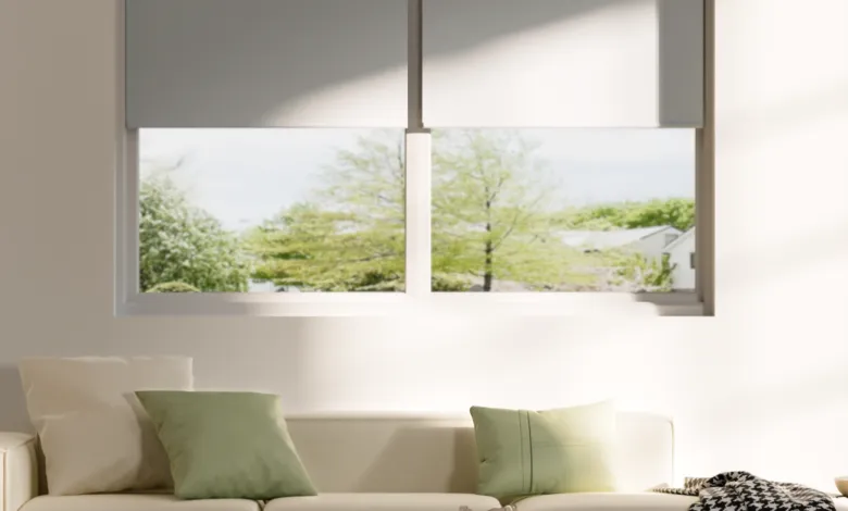 Bright living room with sofa, pillows, and view through window.