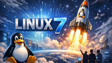 Linux 7 launch image with penguin, rocket, and team watching.