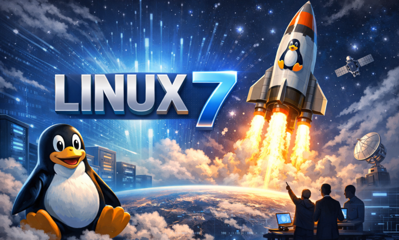 Linux 7 launch image with penguin, rocket, and team watching.