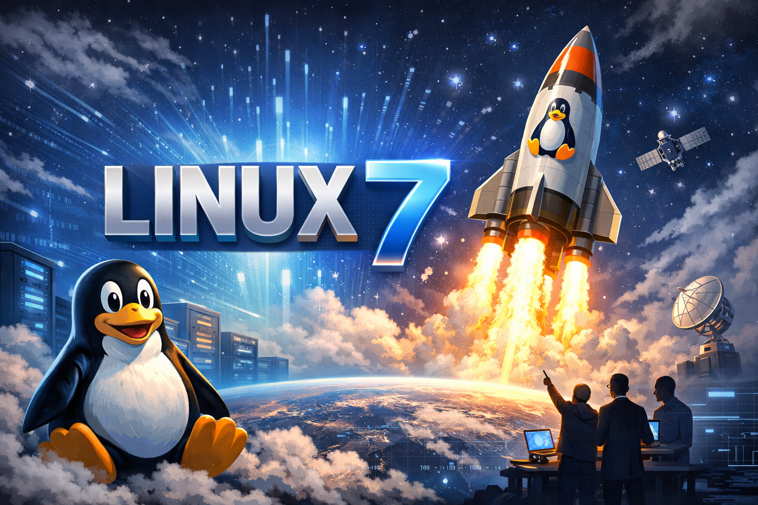 Linux 7 launch image with penguin, rocket, and team watching.