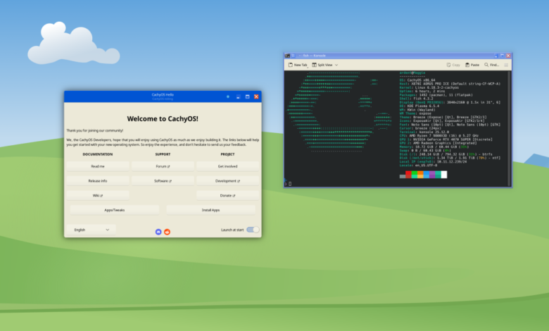 CachyOS desktop with welcome window and system information in terminal.