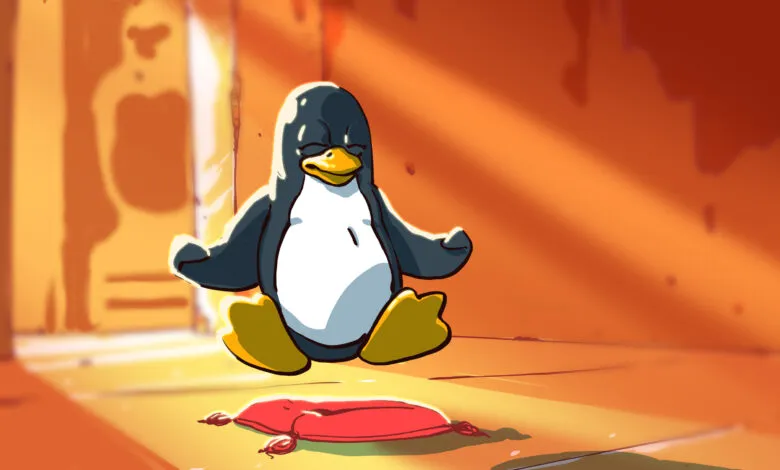 Cartoon Tux penguin meditating above a red cushion in a warm, orange-toned room.