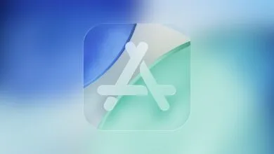 Apple App Store logo in frosted glass style on blue gradient background.