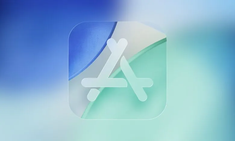Apple App Store logo in frosted glass style on blue gradient background.