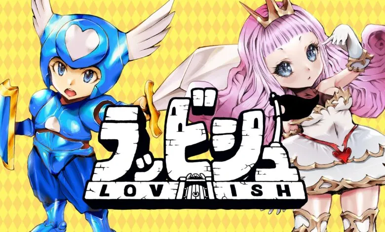 Anime-style characters: a blue knight and a pink princess on yellow diamond background.