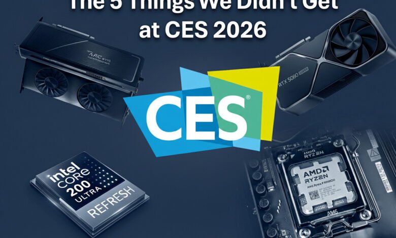 CES 2026 graphic showing computer components: Intel Core, AMD Ryzen, Nvidia RTX, Intel Arc.