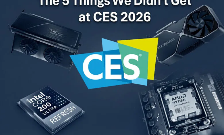 CES 2026 graphic showing computer components: Intel Core, AMD Ryzen, Nvidia RTX, Intel Arc.
