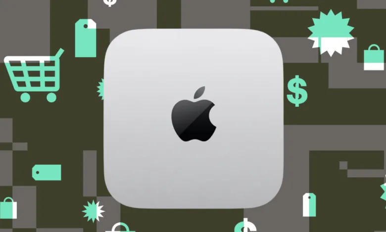 Apple Mac Mini on a background with shopping icons.