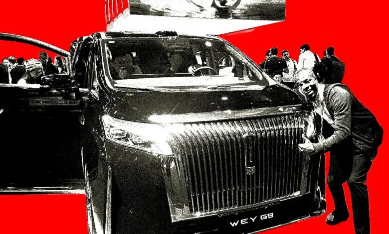 Man poses with WEY G9 electric vehicle at auto show.