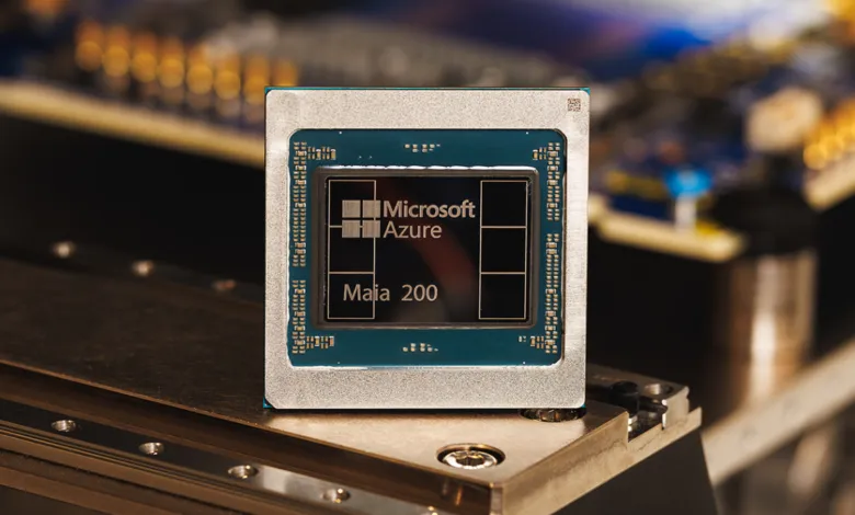 Close-up of Microsoft Azure Maia 200 AI accelerator chip.