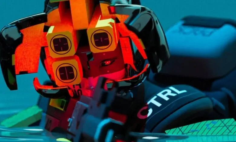 Futuristic character with glowing red eyes and complex helmet.