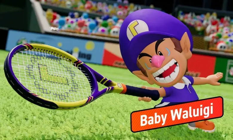 Baby Waluigi strikes a pose with a tennis racket on a green court.