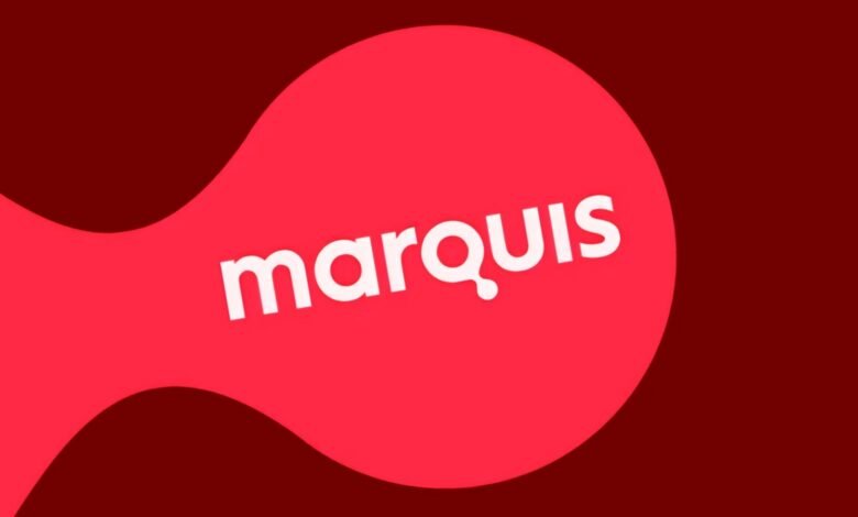 Marquis logo in white on a red abstract shape against a dark red background.
