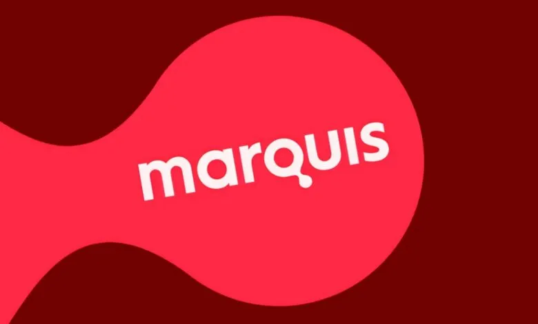 Marquis logo in white on a red abstract shape against a dark red background.