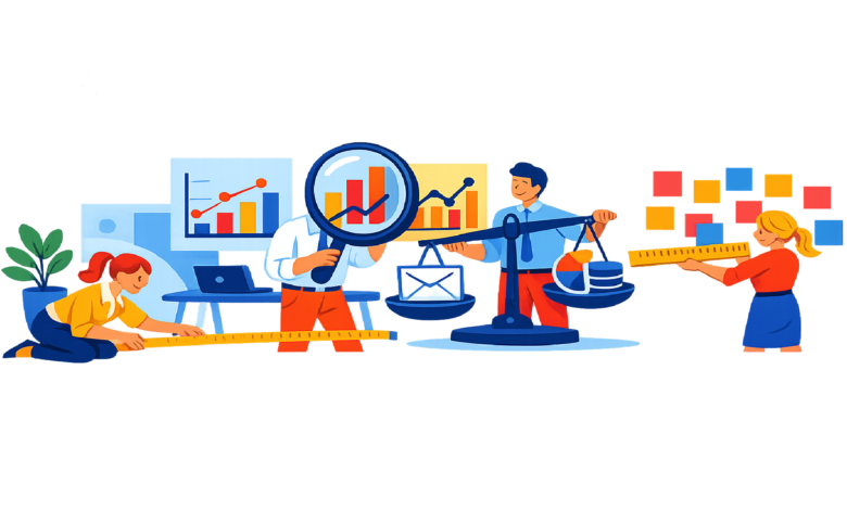 Team analyzes data, balances metrics, and measures progress.