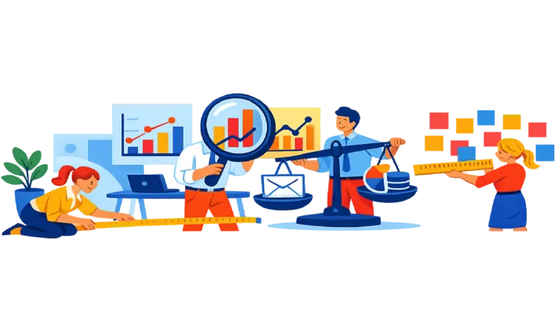 Team analyzing data, balancing metrics, and measuring progress.