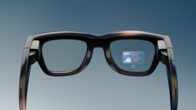 Smart glasses display Santorini information on lens.