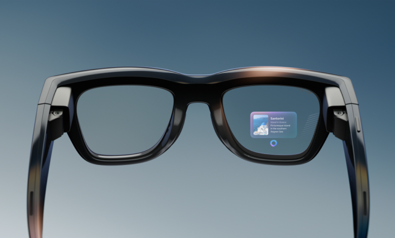 Smart glasses display Santorini information on lens.