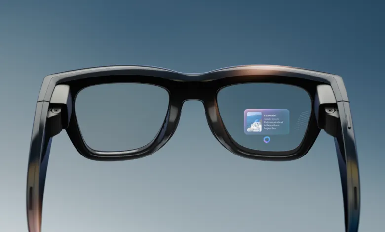 Smart glasses display Santorini information on lens.