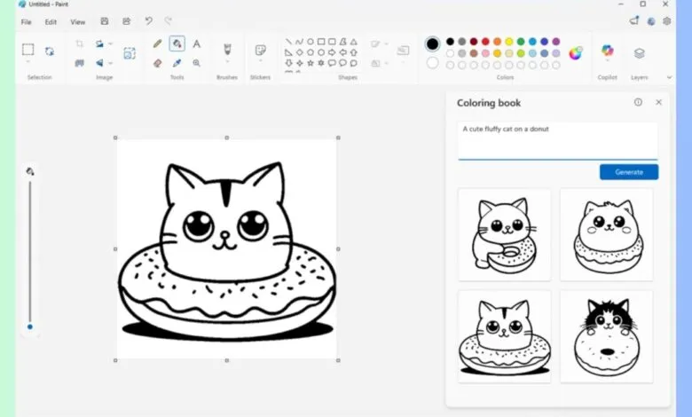 Microsoft Paint interface showing a coloring book feature with a cat on a donut.
