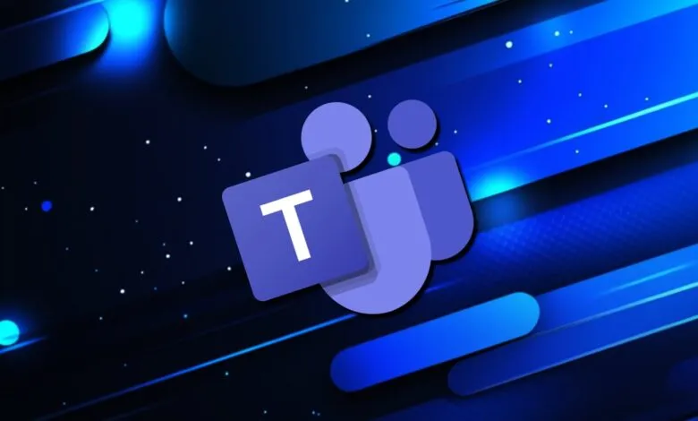 Microsoft Teams logo on a blue abstract background with glowing elements.