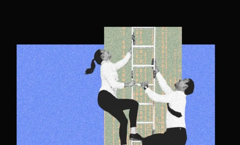 Woman climbs ladder with man supporting, digital background.