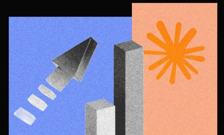 Abstract illustration: rising arrow, bar graph, and sun symbol.