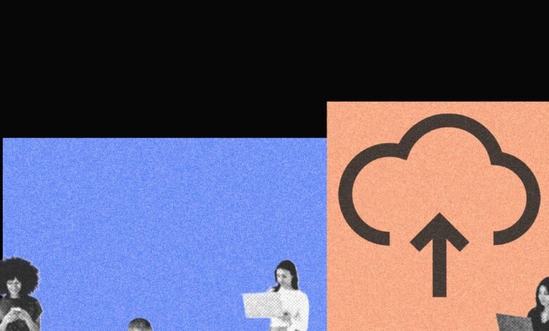Abstract image of people and a cloud upload icon.