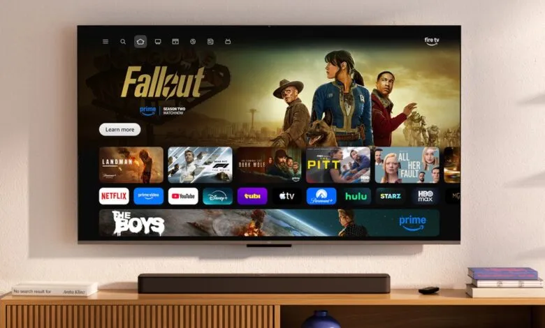 Fire TV displays streaming apps and 'Fallout' on a modern QLED screen.