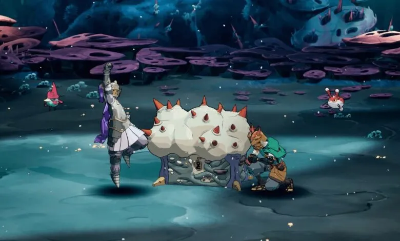 Fantasy scene with armored character, monster, and companion in a stylized, otherworldly environment.