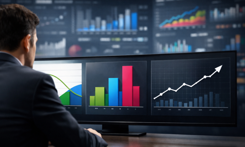 Man analyzes charts and graphs on a large computer screen.