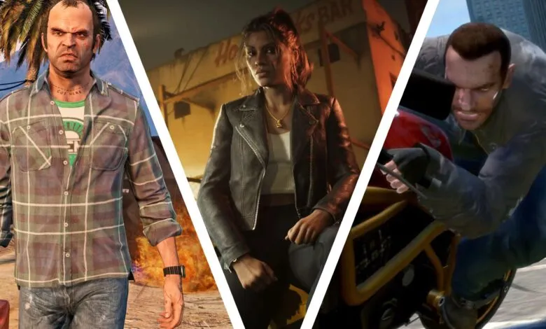 Three video game characters in a split-screen style image.