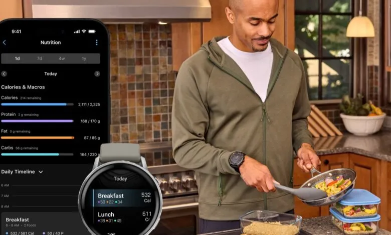 Man cooking with nutrition app on phone and watch displaying calorie counts.