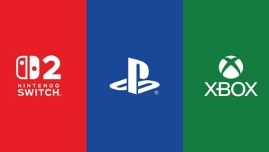 Nintendo, Playstation, and Xbox logos on red, blue, and green backgrounds.