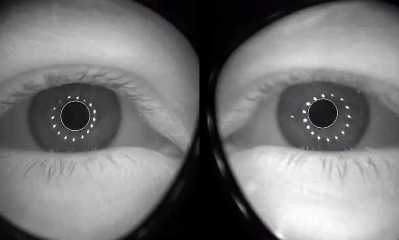 Close-up of two eyes with eye-tracking technology displayed.