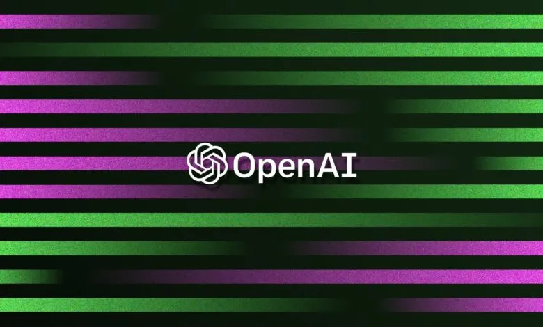 OpenAI logo and text on a background of green and purple stripes.