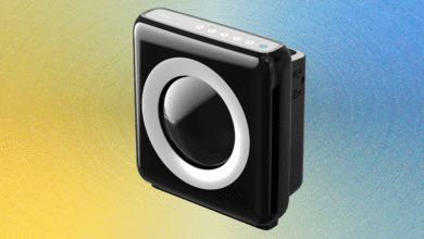 Coway Airmega air purifier with sleek black design.