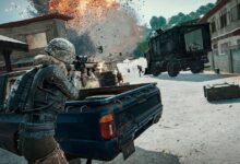 Character in tactical gear fires weapon amidst explosion in PUBG game.