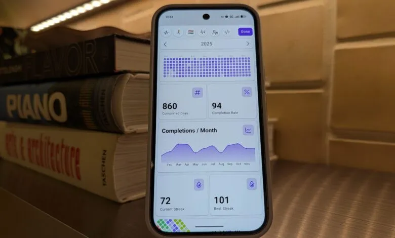 Smartphone displaying habit tracking app with completion stats.