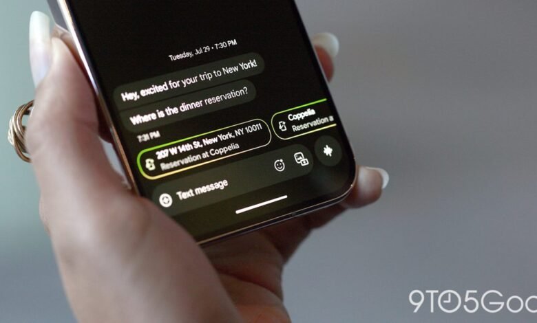 Close-up of a phone displaying a text message conversation about a dinner reservation.