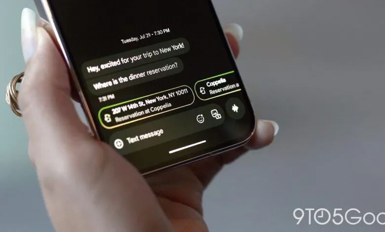 Close-up of a phone displaying a text message conversation about a dinner reservation.