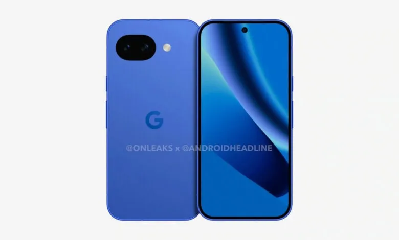 Blue Google Pixel phone showing front and back design.