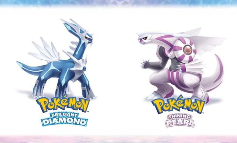 Dialga and Palkia, legendary Pokémon, with game logos.